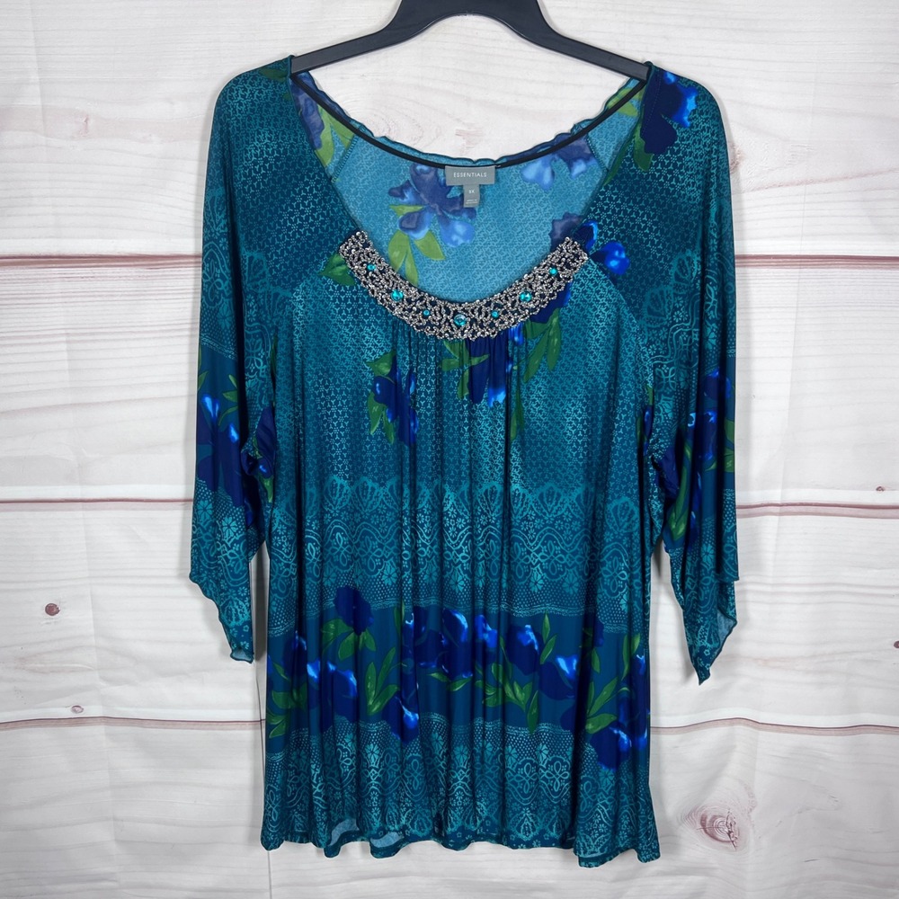 Essentials Top Womens 3X Teal Floral Embellished Neckline 3/4 Sleeve Blouse Knit